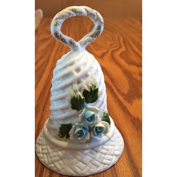 Vintage White Porcelain Ceramic Bell with Raised Blue Flowers 4.5” Tall - Picture 3 of 11